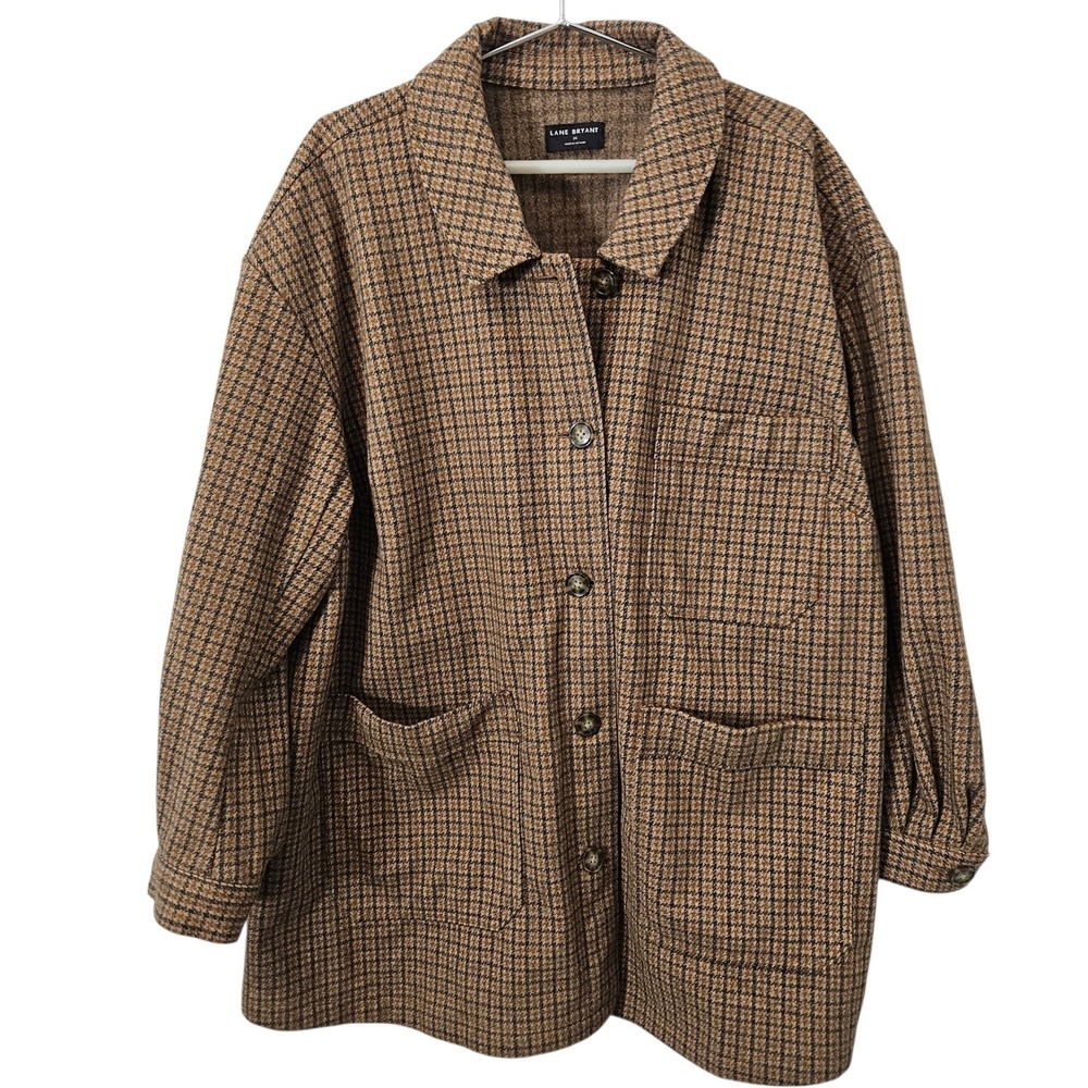 Lane Bryant Plaid Houndstooth Pattern Jacket Coat Women's Size 24 Brown